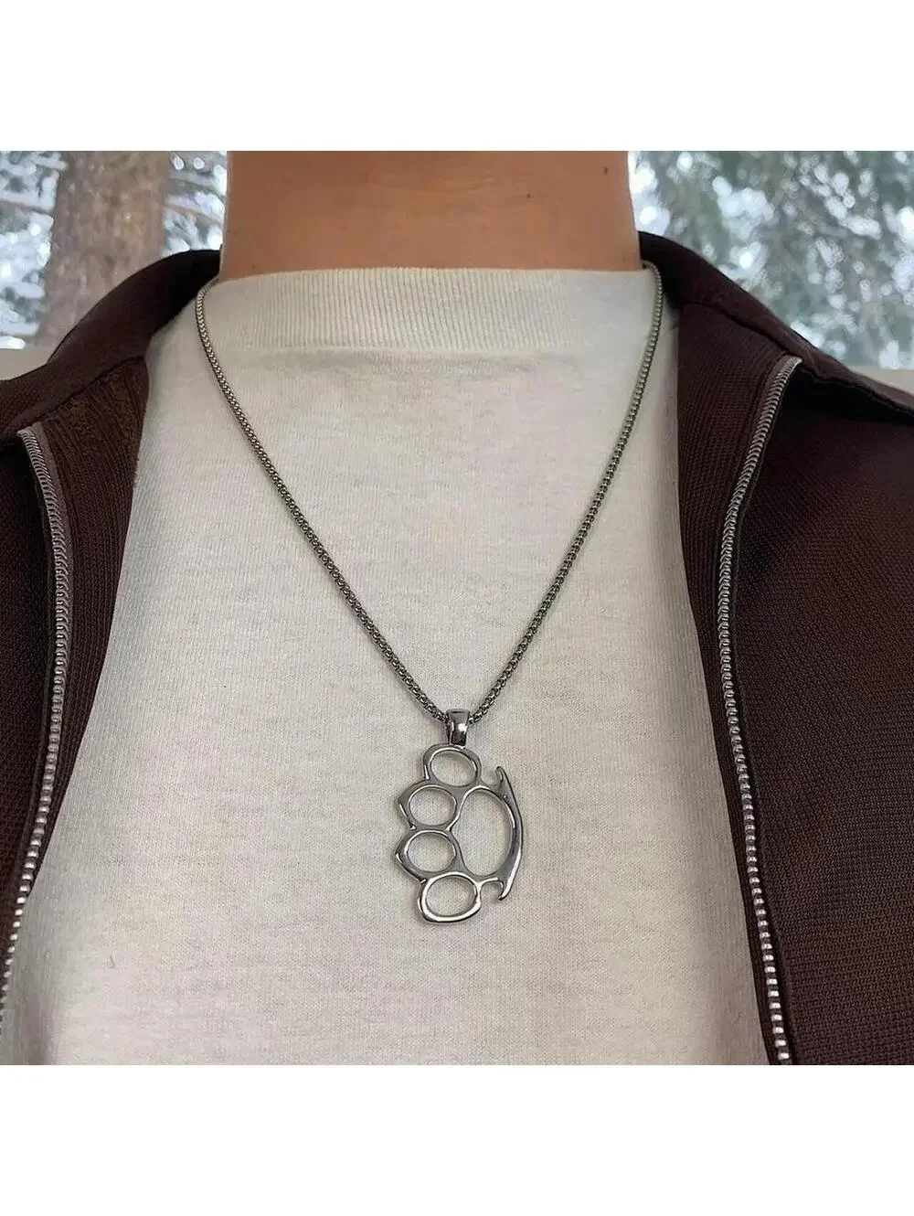Cyber Grunge y2k Brass Knuckle Stainless Steel Silver Necklace. Chain is